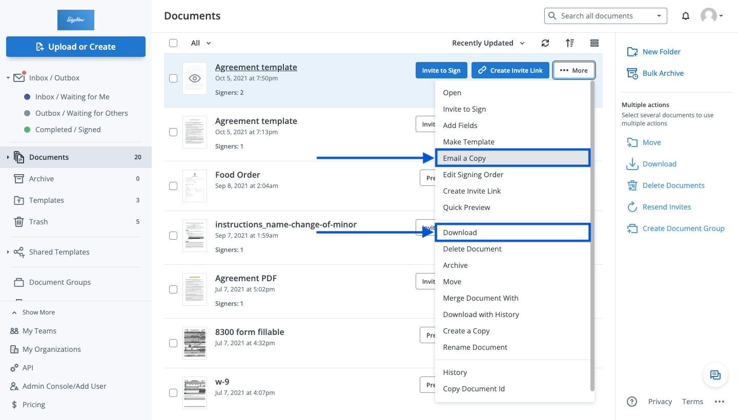 Export a document with an electronic signature